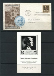 FDC #878 Hull House M-70 1940 Jane Addams Famous Americans 1st Cachet Brochure