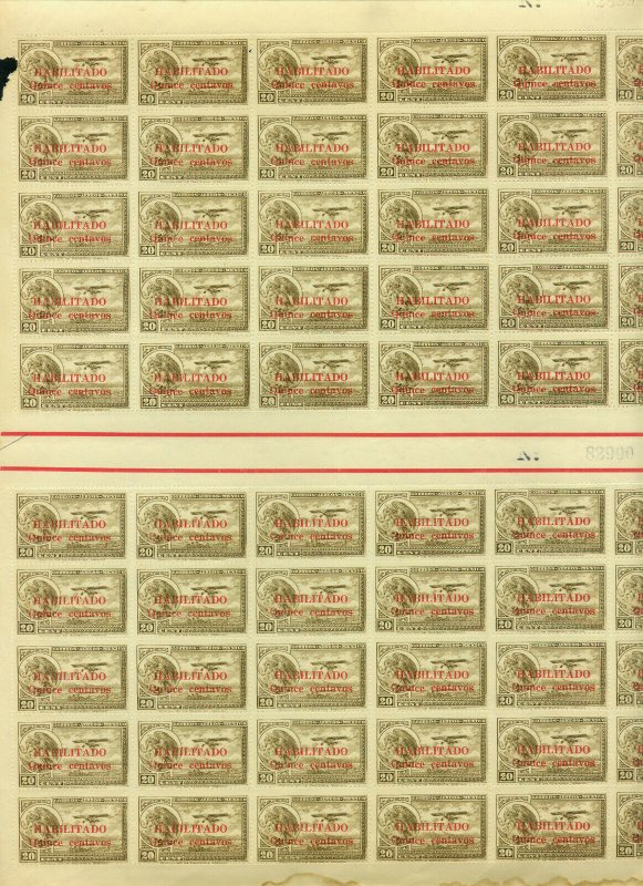 MEXICO C39(60) 15¢ ON 20¢ FULL SHEET OF 60 GUTTER. MINT, NH, SOME GUM SKIPS. VF.