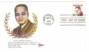 US 1860 20c Great Americans Ralph Bunche on FDC Gill Craft Cachet ECV $12.50