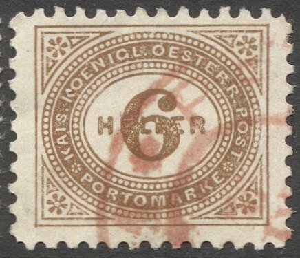 AUSTRIA 1899  Sc J27 6h Perf Postage Due Used VF, Scarce red PRAG cancel