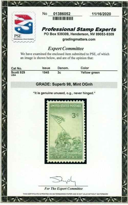 US Stamp #929 Iwo Jima 3c, PSE Cert - SUPERB 98 - Mint OGNH - SMQ $150.00