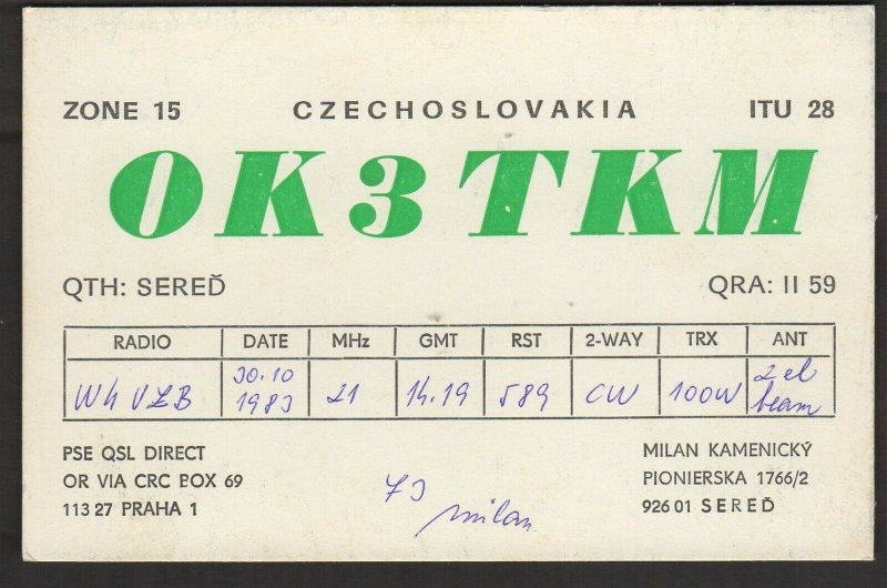 QSL CARD Milan Kamenicky,1983,OK3TKM,Czechoslovakia(Q 4431)