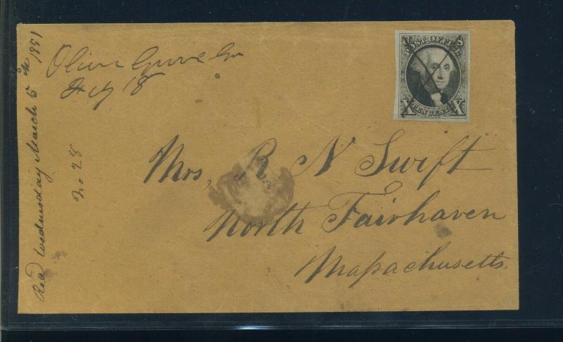 Scott #2 Washington Imperf Used Stamp on Cover with PF Cert Olive Grove GA