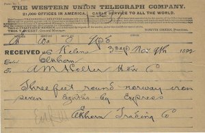 1892-1893 - Telegraphed Montana mine orders - Ephemera 1097