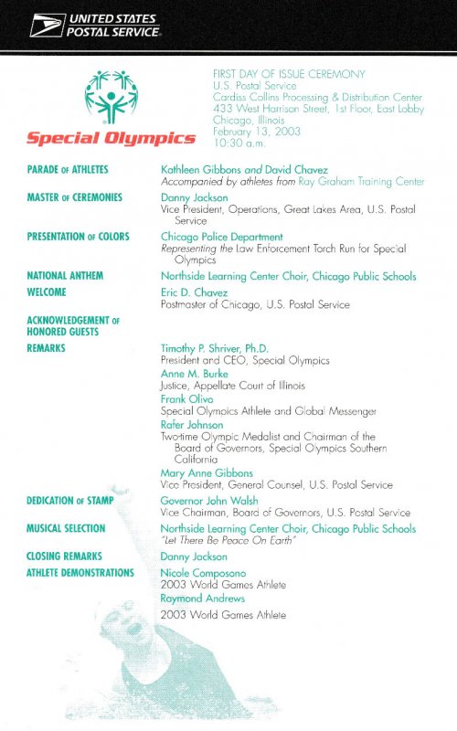 USPS FDC Ceremony Program #3771 Special Olympics  2003