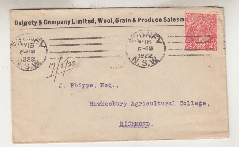 AUSTRALIA,1922 KGV 2d Red cover, Dalgety & Co to Hawkesbury Agricultural College