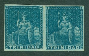 SG 4 Trinidad 1851. 1d deep blue, horizontal pair. Fine mounted mint, full...