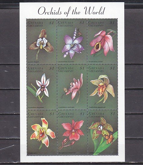 Grenada, Gr., Scott cat. 1990 a-i. Orchids of the World sheet. ^