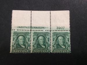 U.S.#300 B. Franklin 1c  Horiz. P# Strip of 3, Imprint T V MNH. See description.