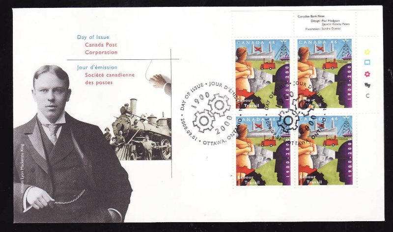 Canada-Sc#1866-UR plate block on FDC-Department of Labour-2000-