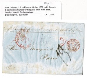 USA 1852 stampless Cunard New Orleans to France