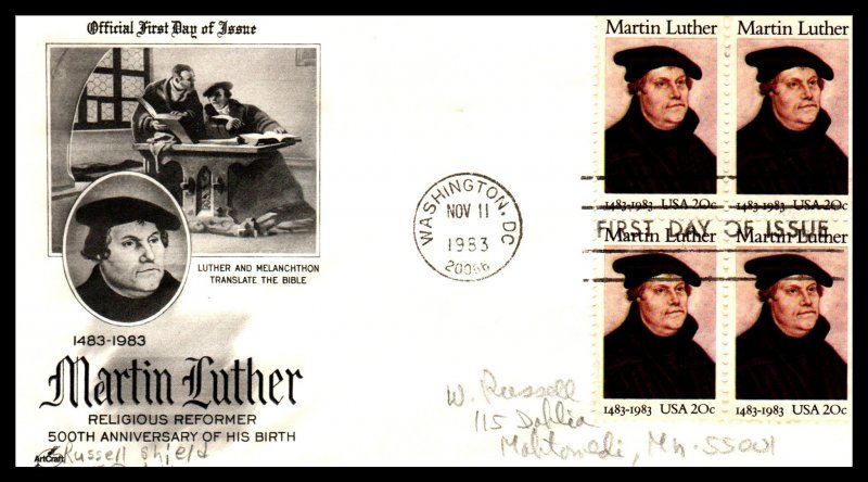 US 2065 Martin Luther Block of Four Artcraft Pencil FDC