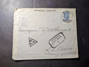 1917 Censored Greece WWI Cover to Cairo Egypt Bank of Athens