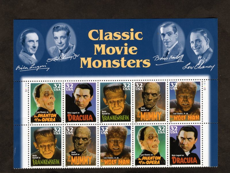3168-3172 Movie Monsters, MNH TOP PB/10 w/Banner (#S11111)
