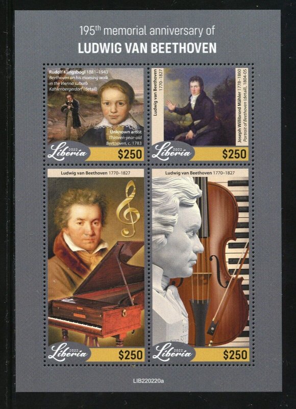 LIBERIA  2022 195th MEMORIAL OF LUDWIG von BEETHOVEN SHEET  MINT NEVER HINGED
