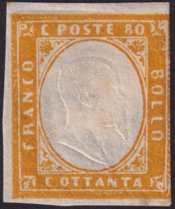 Sardinia 1862 #14 fvf mh 80c Orange Yellow w/Embossed Center