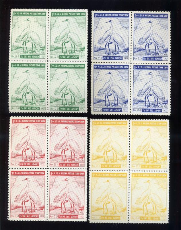 4 DIFFERENT COLOR BLOCKS OF 4 STAMPS 1957 ASDA NATIONAL POSTAGE STAMP SHOW L376