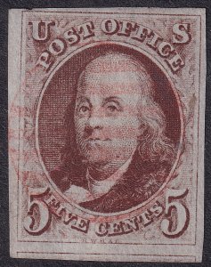 #1 Used, VF, Light red cancel (CV $425 - ID49463) - Joseph Luft