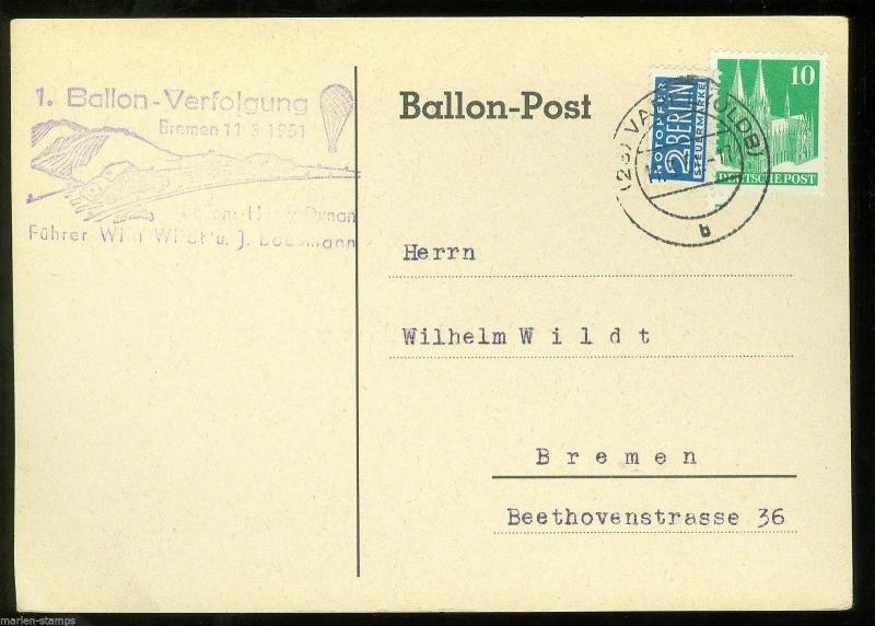 GERMANY BALLON POST CARD BREMEN 11.3.1951 AS SHOWN 