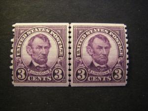 Scott 600, 3 cent Lincoln, Line Pair, MNH, perf pull, CV$60