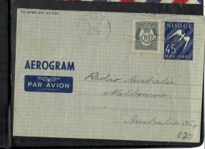 NETHERLANDS COVER (P0212B)  1953  45 O+10 O     AEROGRAM  TO AUSTRALIA 