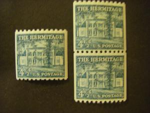 Scott 1059, 4.5c Hermitage, Pair and single, MNH Liberty coil Beauties