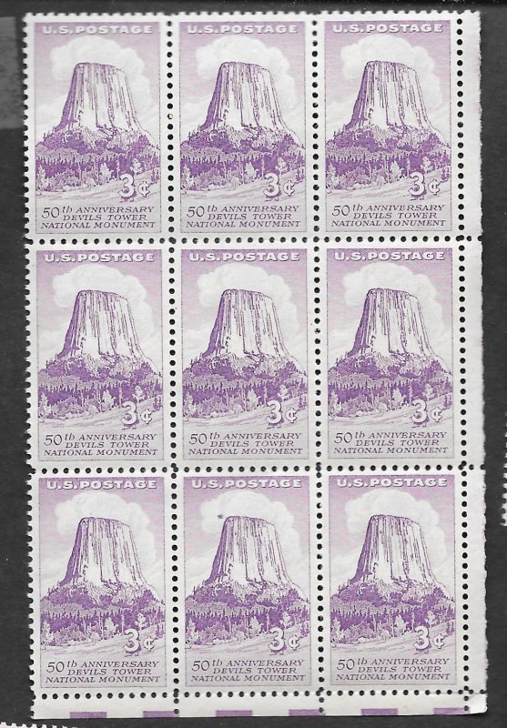 US Scott #1084 3c Devil's Tower Block of 9 (1956) MNH