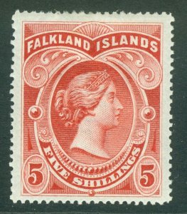 SG 42 Falklands 1898. 5/- red. Fine mounted mint. Good colour & well centred...