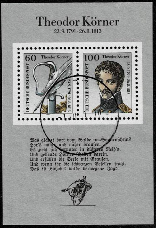 Germany 1991, Scott#1685 used, Wolfgang Amadeus Mozart, souvenir sheet