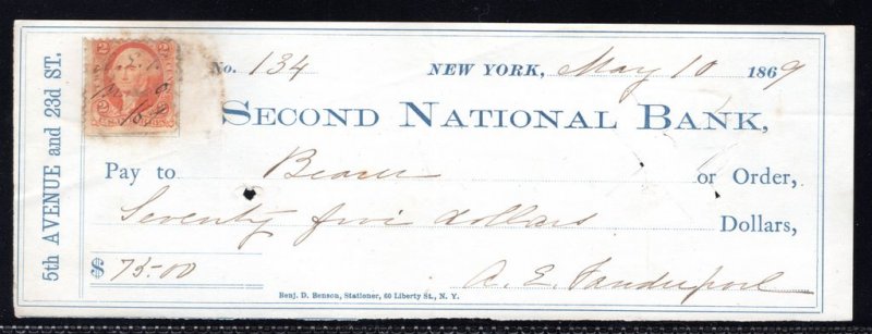 R15c MISPERF ERROR on check from Second National Bank dated May 10, 1869.