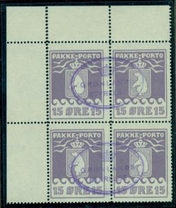 GREENLAND #Q5 15ore Pakke Porto, pr. III, Corner Block of 4, used Gronlund cert