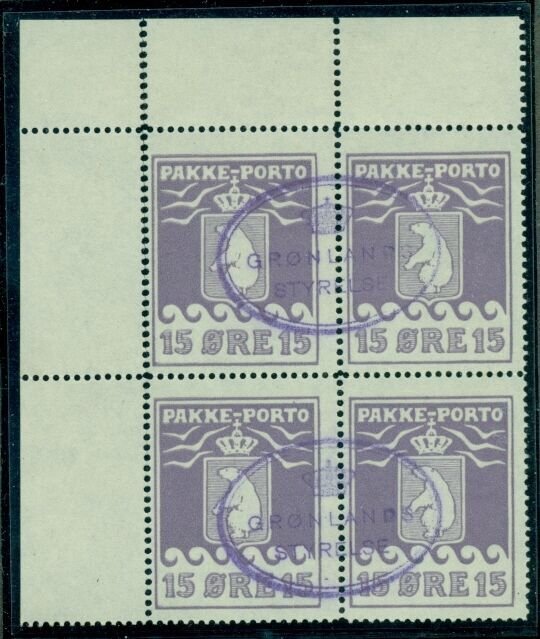 GREENLAND #Q5 15ore Pakke Porto, pr. III, Corner Block of 4, used Gronlund cert