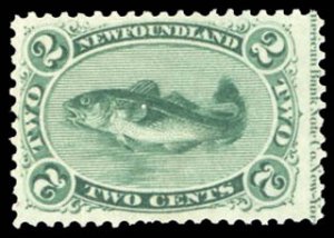 Newfoundland #24 Cat$125, 1865 2c green, hinged, with imprint at right