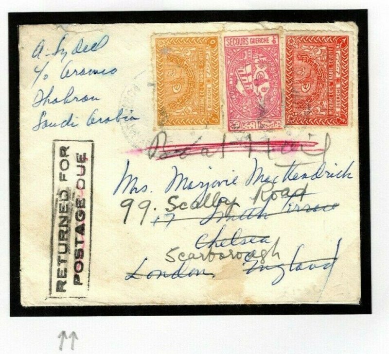 SAUDI ARABIA RETOUR Cover GB POSTAGE DUE Explanatory Chelsea Scarborough MC314