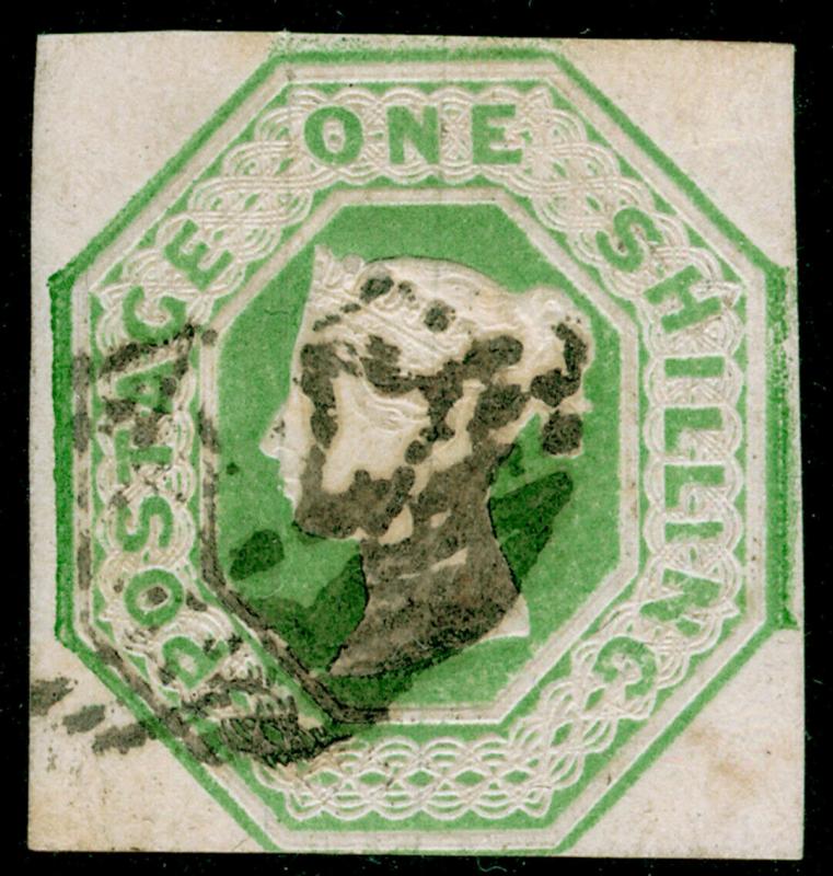 SG54, 1s pale green, CUT SQUARE, FINE USED. Cat £1000.