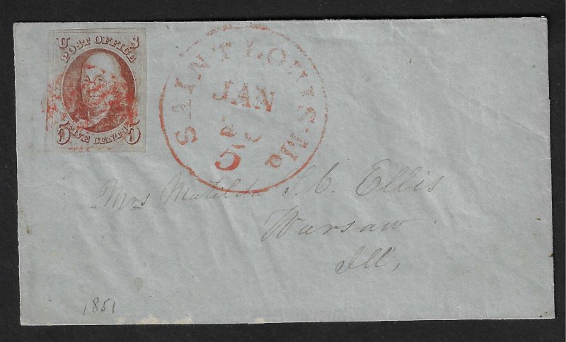 Scott #1 VF –Tied on petite 1851 cover to Warsaw, Ill. Showpiece!