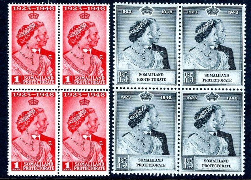 SOMALILAND-1948 Royal Silver Wedding Set in Mint Blocks of 4 