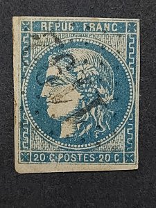 1870-71 Bordeaux Issue France QV Ceres 20c bl,bluish Used/VF/XF, SC#43