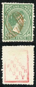 FALKLAND ISLANDS SG3 1878 6d blue-green crude typo forgery perf 12