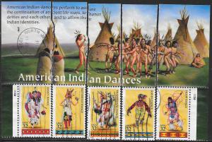 US 3072-3076 Used - American Indian Dances - Inscription Selvedge