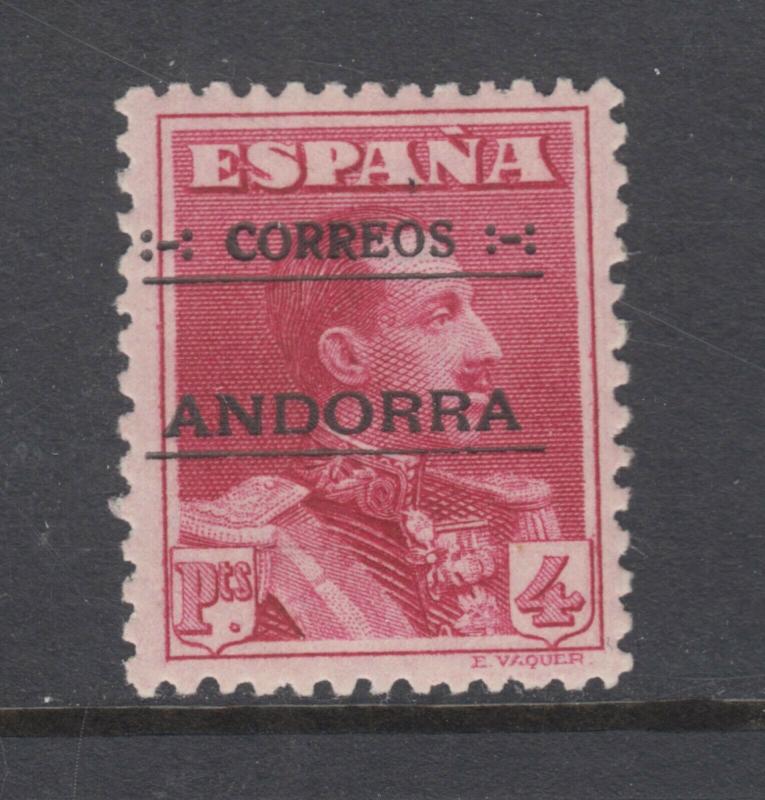 Andorra, Spanish Sc 11 MLH. 1928 4p lake, black ovpt, VLH, VF.