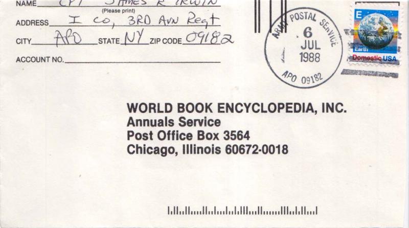 United States A.P.O.'s [25c] E Earth 1988 Army Postal Service APO 09182 Giebe...