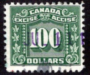 van Dam FX94, $100 green, used, Federal Excise Tax Canada Revenue Stamps