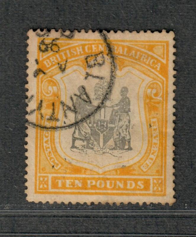 British Central Africa Sc#56 Used/VF, Wmk #1 Light Toning, 10 Pounds!, Cv. $2750