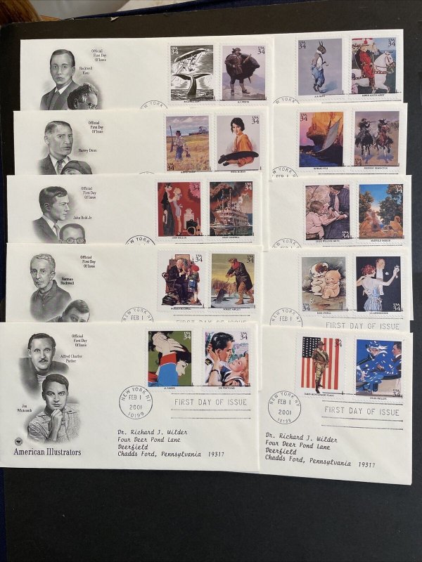 2001 US FDC American Illustrators Sc# 3502a-t Complete Set 10 PCS Cachets, Addr