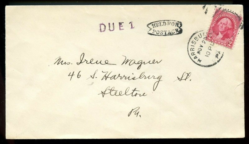 U.S. Scott 707 On Harrisburg, PA Cover w/DUE 1 and HELD FOR POSTAGE Markings