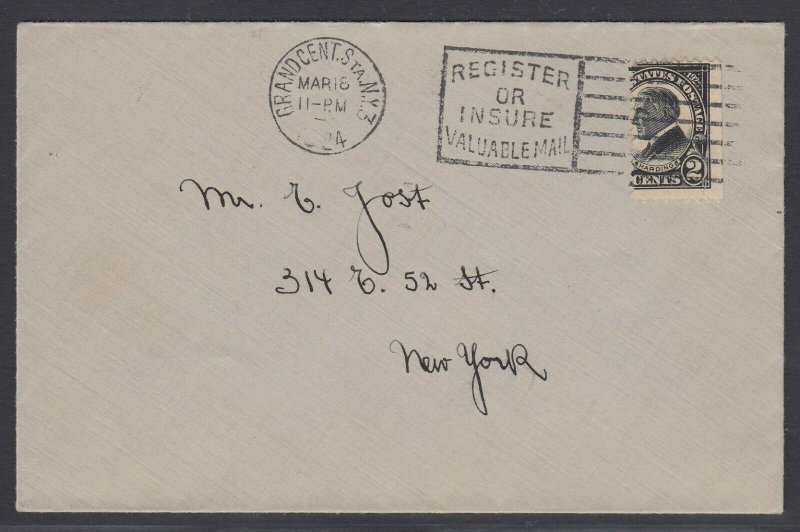 US Sc 610 - 1924 MISPERF on cover from New York addressed locally