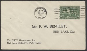 1928 Canada Flight Cover Rolling Portage to Red Lake ONT Jan 25 #2803a