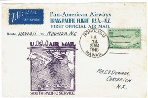 NEW ZEALAND - USA 1940 FIRST FLIGHT AIRMAIL COVER HAWAII TO NEW CALEDONIA
