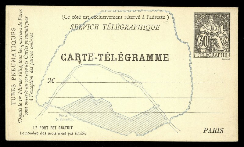 fr034 France Carte-Telegramme Telegraphe 30c Paris Map unused